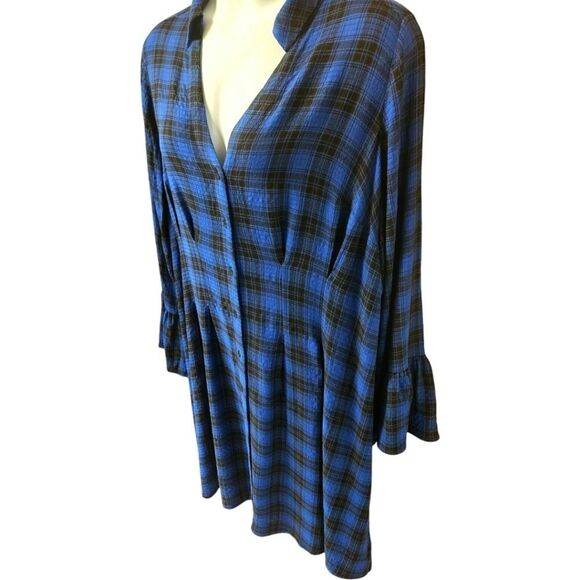 TORRID MINI GAUZE Long Bell Sleeve Royle Blue & Black Plaid Mini Dress 2X - Picture 5 of 14